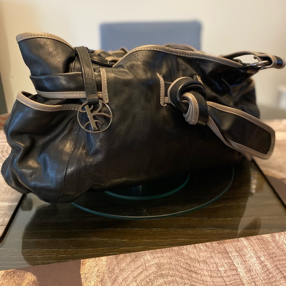 Baccini Black Leather Shoulder Bag with Gray Trim